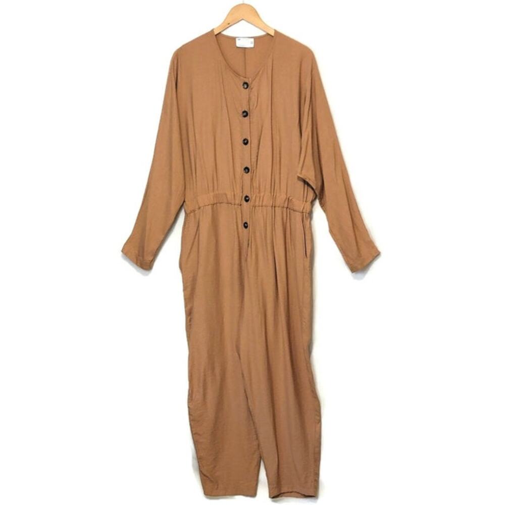 ASOS Tan Brown Relaxed Fit Jumpsuit 14 Scoop Neck Straight Leg Casual Chic